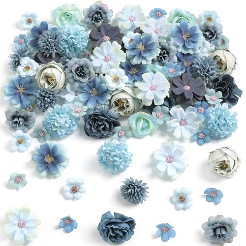 rongflower Faux Flower Heads Mini Blue Artificial Flower Heads Fake Peony Daisy Rose Flowers Multicolor Small Silk Daisy Flower Heads for Craft Garland Wedding Party DIY Home Decoration,2-4 cm - color: Blue
