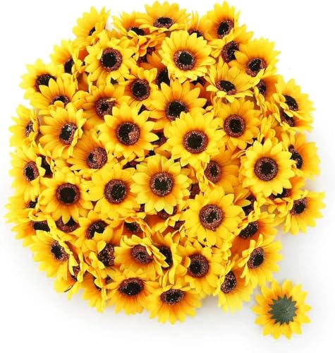Jowxsx 100 Pieces Mini Artificial Sunflower Heads, Yellow Fabric Flowers, Wedding Wreath Craft Decor, Artificial Plants and Flowers, Realistic Faux Flower, for Planter Porch Patio Yard Balcony