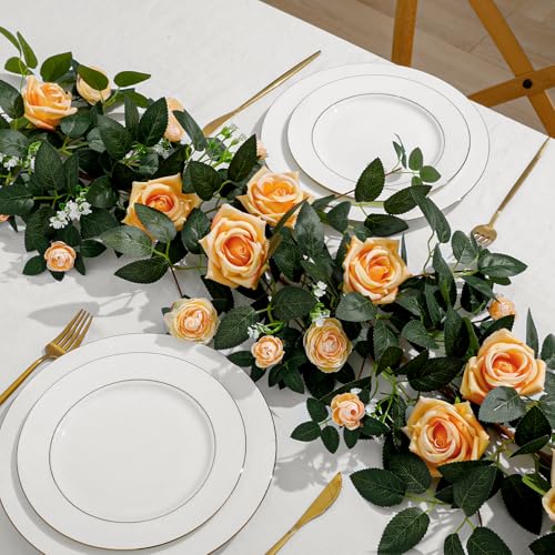 2 Pack 11.2 Ft Artificial Flower Garland with Champagne Roses, Realistic Fake Greenery Vines with 17 Roses Flowers for Wedding Table Centerpieces Arch Party Ceremony Backdrop Decor (Champagne) - color: Champagne
