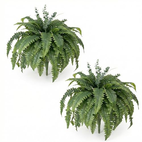 Artificial Ferns for Outdoors, 2 Pack 38IN Fake Ferns for Artificial Plants Large with 55 Fronds and 5 Long Eucalyptus Stems, Faux Ferns for Hanging Basket Porch Garden Home Decor