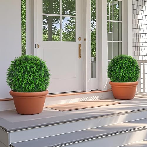 Grooy Artificial Topiary Tree with Eucalyptus, Set of 2 Artificial Shrub Bushes with Ground Spike, Fake Evergreen Tree for Porch, Artificial Plants for Outdoor Planters Indoor UV Resistant - color: Green Eucalyptus