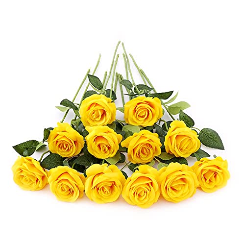 12 PCS Artificial Flowers Roses Silk Flowers Fake Long Stem Artificial Roses for Home Wedding Decorations (Yellow) - color: Yellow