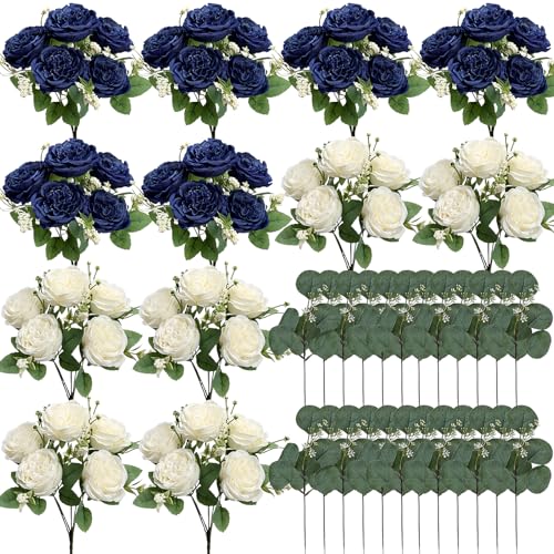 Peonies Artificial Flowers Bulk, 12 Bundles Fake Silk Peonies Faux Eucalyptus Bouquet Realistic Peony Floral Arrangement for Wedding Table Centerpiece Vase Decor (Royal Blue & White) - color: Royal Blue & White