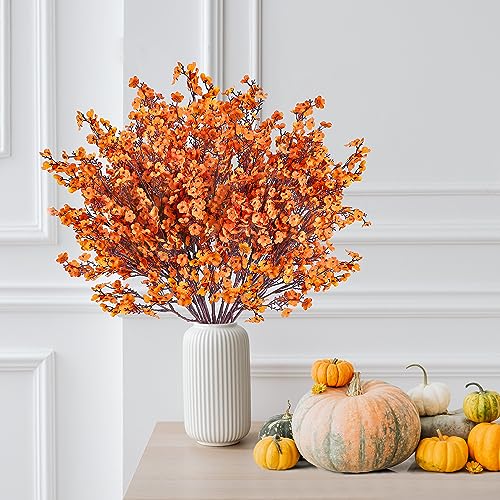 Sggvecsy 15 Pcs Babys Breath Artificial Flowers Gypsophila Bouquets Bulk Real Touch Fake Silk Flowers for Home DIY Floral Arrangement Table Centerpiece Fall Autumn Decoration (Fall Orange) - color: Fall Orange, size: 15Pcs