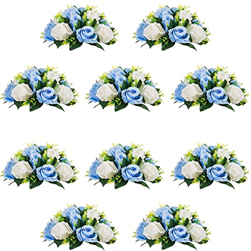 10Pcs Artificial Flower Ball Arrangement, Fake Floral Centerpieces Wedding Roses Bouquet for Parties Valentine's Day Wedding Centerpieces and Home Decor (Blue & White) - color: Blue & White