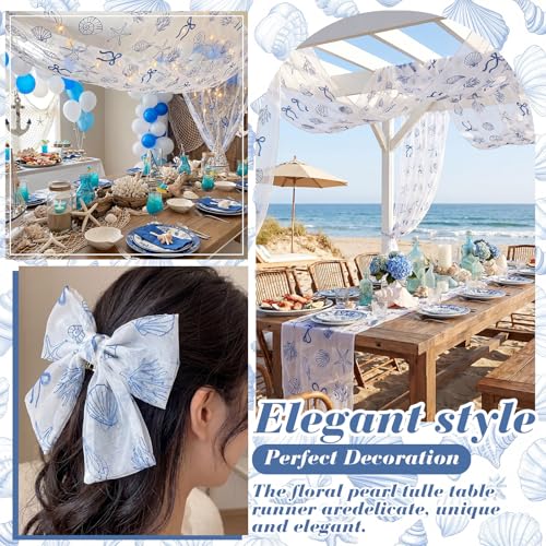 Mindsoft 3 Pcs Coastal Table Runner 10ft Blue Bow Beach Ocean Nautical Embroidery Tulle Lace Table Runner Last Toast on the Coast Decor for Wedding Bridal Baby Shower Holiday Dining DIY - style: Coast