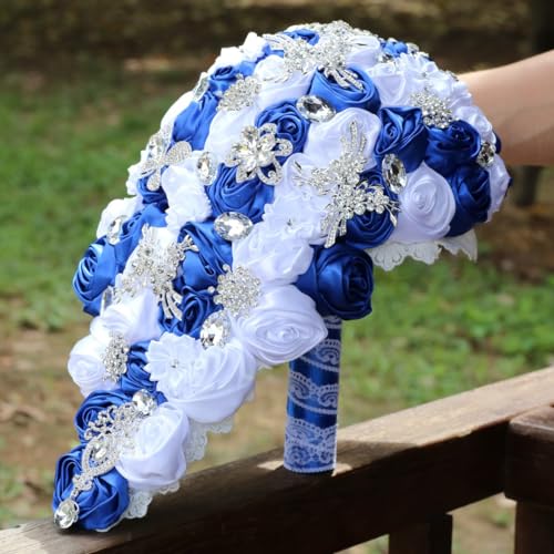 Luxury Cascade Bridal Wedding Bouquet Satin Rose Waterfall Holding Bouquet Artificial Flower Bunch for Bride Bridesmaid(Royal Blue & White, 15" x 7.5") - color: Royal Blue & White, size: 15"L x 7.5"W(38cm x 19cm)