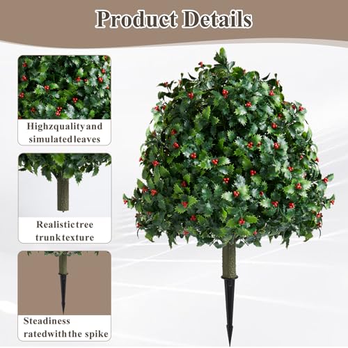Set of 2 Artificial Holly & Red Berry Topiary Balls, 25" UV-Resistant Faux Evergreen Shrubs with Ground Spikes — Festive Outdoor and Indoor Holiday Décor Plants for Porch, Patio, and Garden - color: 2pcs 25in Christmas Holly With Red Berry