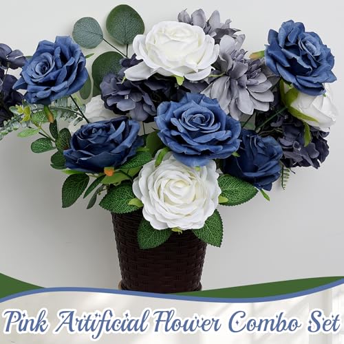 Scawim Artificial Flowers Combo Box, Navy Blue DIY Fake Silk Flowers Set Decor with Stems for Roses Graduation Party Centerpieces Bridal Bouquets Cake Decorations Arrangements Indoor Outdoor - color: Navy Blue