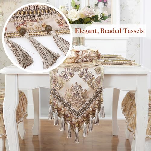 kilofly Elegant Floral Brocade Jacquard Table Runner Tassels (89 x 12 inches) - color: Khaki, size: 89*12 inch