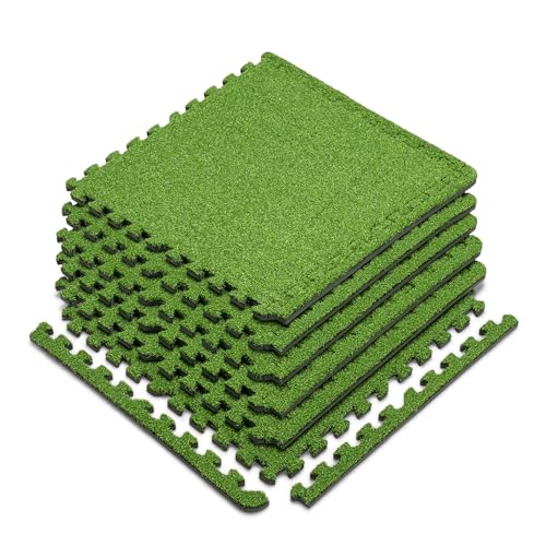 Marcy EVA Foam Interlocking Flooring Mat High Density Non-Slip Tiles for Fitness Equipment, Workout Cushion and Floor Protection - color: Green - 0.5-in - Turf Top 6 Tiles (24sq Ft)