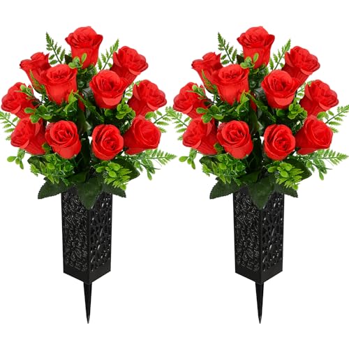 Artificial Cemetery Flowers, Grave Memorial Flowers, Set of 2 Artificial Rose Bouquet with Vase for Cemetery Headstones Gravesites Decoration (Red) - color: Red