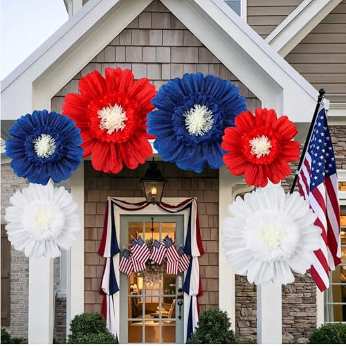 Giegxin 6 Pcs 31.5" 24" 4th of July Giant Crepe Paper Flowers 250th Red White Blue Paper Flowers America Patriotic Decorations USA Tissue Floral for Wall Independence Day Birthday Party Decor - color: Red,Blue,White, size: 31.5", 24"