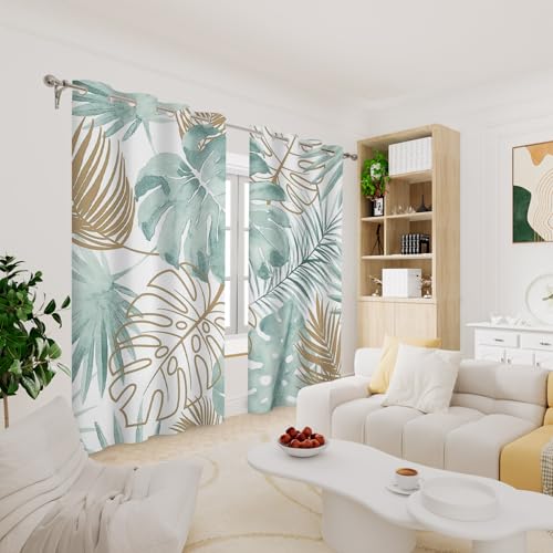Renaiss Tropical Leaf Blackout Curtains, Green Palm Monstera Leaf Thermal Insulated Bedroom Window Curtains, Botanical Plants Window Curtains for Kitchen, 45" L x 29" W 2 Panel Set - color: Leaf, size: 29"W x 45"L (Pack of 2)