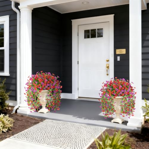 Hrobek 4 PCS Artificial Hanging Plants Flowers for Outdoor Srpring Summer Decoration, Fake Realistic Daisy Eucalyptus for Outdoors, Faux Plastic Greenery Long Vine Indoor Wall Patio Porch Decor - color: A-red Purple