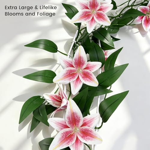SNAIL GARDEN 2 Pack（14.6ft ） Fake Lilies Flower Vines, Pink Vines Lilies Flowers with 16 Heads, Flower Vines for Decoration ，Fake Flower Vines for Home, Garden, Table Centerpiece, DIY Wreath