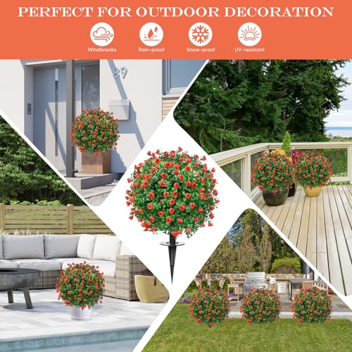 FAJUNZH Artificial Topiary Bushes for Outdoors with Spike, Boxwood Ball Fake Shrubs UV Resistant Faux Plants for Indoor Outdoor Fall Thanksgiving Halloween Decor (Artificial Boxwood Ball Bush-Red) - color: Artificial Boxwood Ball Bush-red