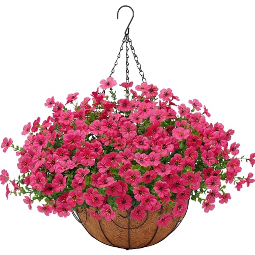 Artificial Fake Hanging Plants Flowers Basket Outdoors Outside Summer Decoration,Hanging Planters with Faux Silk Flowers Realistic UV Resistant for Home Indoor Porch Front Patio Balcony Garden Fuchsia - color: Fuchsia