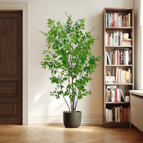 7ft Artificial Ficus Tree with White Plastic Planter | Collapsible trunk structure enables quick assembly and compact space-saving storage - color: Green, size: 7ft