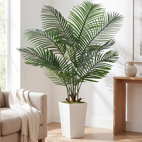 6FT Artificial Palm Tree, Palm Tree 72in Tall Faux with 15.7 White Planter, Fake Potted Tree with Lifelike Leaves for Indoor & Outdoor Home Office Decor