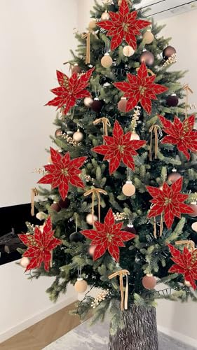 Briful 6 Pack Red Glitter Christmas Poinsettia Picks, 13.8'' Artificial Floral Stems with Gold Edges & Sparkle Beads, 9.8'' Blossom Holiday Flower Picks for Tree, Wreath, Table Centerpiece Decor - color: Red#353, size: 12'' POINSETTIA / 6PCS