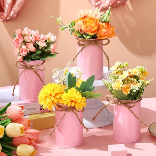 Rustic Vase for Table Centerpieces 4.33 Inch Small Petite Flower Vase with Twine Bow Vintage Farmhouse Decor for Wedding Reception Dining, Home Galvanized Metal Buckets(Pink,12 Pcs) - color: Pink