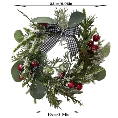 Christmas Candle Ring Xmas Small Wreath Green Leaves Berries Bow Candle Holder 9.06” for Tables Centerpieces Home Kitchen Farmhouse Decor Gift - color: Christmas