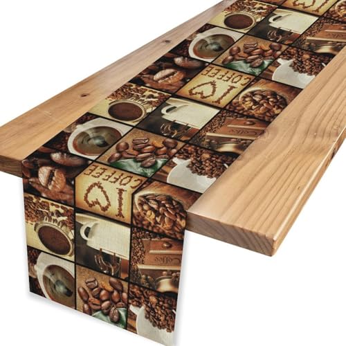 Coffee Theme Table Runner, Rustic Coffee Time Cafe Cup Latte Cappuccino Tea Bean Drinks Vintage Table Center Decor for Family Kitchen Farmhouse Holiday Party Table Decorations,, 13"x36" - color: Coffee-10, size: 13“ X 36"