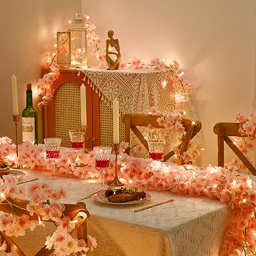 Sunm Boutique 12-Pack 70.8 Ft Artificial Cherry Blossom Garland Cherry Blossom Hanging Vine with 65.6 Ft Long 160 LED String Lights Silk Sakura Vines Garland for Wedding Party Home Decor, Pink - color: Pink With Light, size: Pack of 12