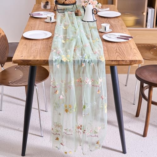 vctops 2 Packs Embroidery Lace Fall Table Runner 10ft Floral Garden Seasonal Tulle Table Runner Holiday Kitchen Dining Table Decoration for Wedding Party Baby Shower Birthday (Sage Green,30"x120") - color: Sage Green