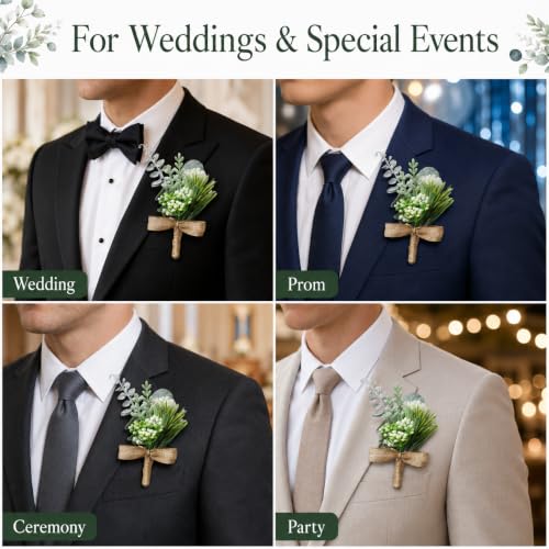 ChezMax Wedding Handmade Corsage Fake Succulent Eucalyptus Plants Boutonniere Wedding Decor 2pcs - color: C-eucalyptus Boutonniere-2 Pcs