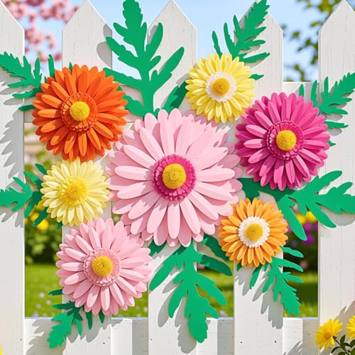 PAPER JAZZ Paper Flower Wall Decor, Handmade 3D Daisy Party Decoration Large Paper Flower in Pink, Orange, Yellow with Green Leaves, Modern Home Wall Art for Bulletin Board,Easter - color: Rose Red