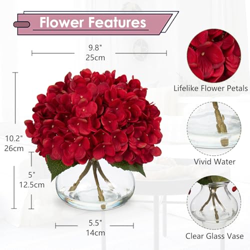 Hollyone Hydrangea Artificial Flowers in Vase Red Silk Fall Fake Flowers Arrangements with Glass Vase with Faux Water Faux Floral Bulk Bouquet for Office Table Centerpiece Shelf Home Decorations - color: Hydrangea, Red
