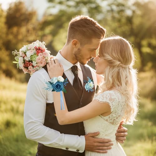 Corsage and Boutonniere Set for Bride Groom Bridesmaids Groomsmen Wedding Homecoming Flowers Prom Suit Accessories, Rose Boutonniere and Wrist Corsage Flower - color: Blue