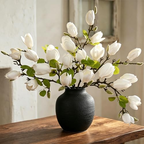6PCS Artificial Magnolia Flowers Stems for Spring Decoration,26In Artificial White Fake Flowers with Buds Faux Long Stem Floral Arrangement for Vase Table Centerpiece Indoor Home Decor - color: White Green