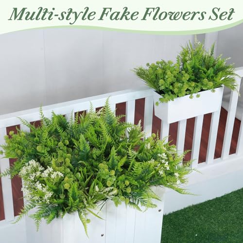 24 Bundles 6 Styles Artificial Plants Flowers for Outdoors Spring Summer Decor, UV Resistant No Fade Faux Plants Plastic Greenery Shrubs, Fake Fern Lavender Boxwood for Gardens Porch Yards Home Decor - size: 24 Pack
