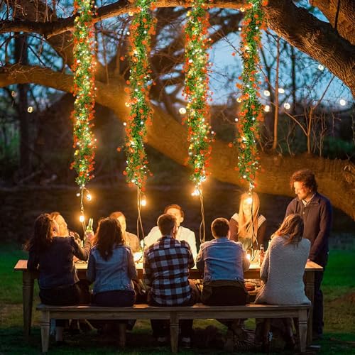 RECUTMS Faux Spring Eucalyptus Garland Artificial Hanging Vines Wedding Greenery Garland with Lights Faux Plants Indoor Flower Vine for Wall Fireplace Table Porch Door Decoration(Orange) - color: Orange With Lights