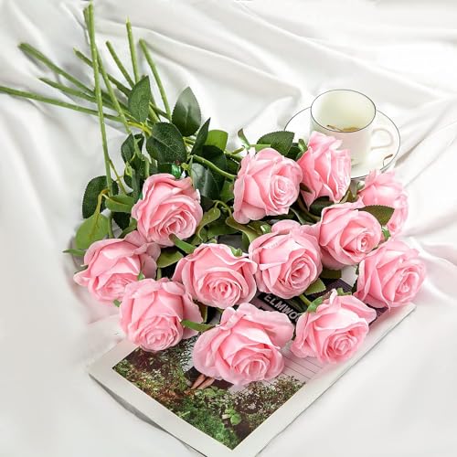 Pink Fake Roses Artificial Flowers - 10 Pcs Fake Artificial Roses Silk Flowers with Stems for Home Wedding Hotel Office Centerpiece Decor - color: Pink, size: 10 Pcs
