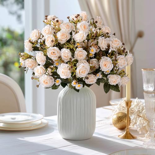 Artificial Rose Flowers for Outdoor 4 Bundles Rose Bouquet with Daisy Faux Flowers UV Resistant for Home Indoor Outside Garden Porch Window Box Balcony Yard Porch Fall Decor (White) - color: White