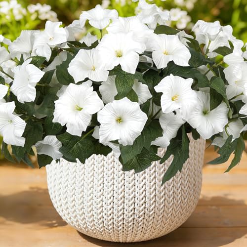 Artificial Flowers for Outdoors, Faux Petunias Spring Summer Decoration, Fake Flowers Plants UV Resistant Look Real Silk Flowers for Outside Planter Front Door Porch Patio Yard (6, White) - color: White