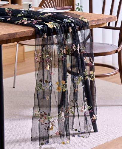 vctops 2 Packs Embroidery Lace Halloween Table Runner 10ft Floral Garden Seasonal Tulle Table Runner Holiday Kitchen Dining Table Decoration for Wedding Party Baby Shower Birthday (Black,30"x120") - color: Black