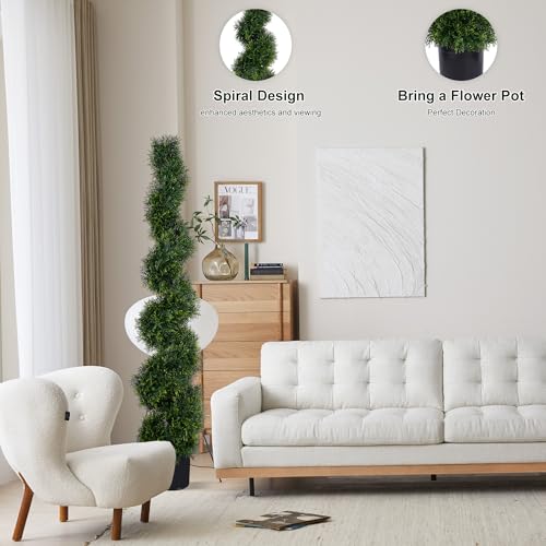 5FT Spiral Artificial Topiary Trees, Artificial Outdoor Plants - Faux Cedar Trees for Front Porch Indoor Outdoor Decor Artificial Plants UV Resistant Set of 2 - size: 5ft