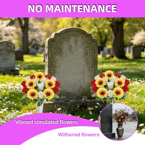 Lodou Artificial Cemetery Flowers for Grave,Set of 2 Artificial Rose Sunflower Bouquet Graveyard Memorial Flowers for Outdoor Grave Decorations ﻿ (Orange Beige) - color: Orange Beige