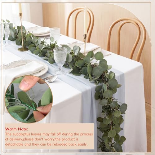 Thiccywoov 2 Pack Artificial Eucalyptus Garland 6.5 ft Each Faux Silver Dollar Leaves Greenery Artificial Vines with White Accents for Wedding Table Runner Home Mantle Outdoor Decor (Green) - color: Green