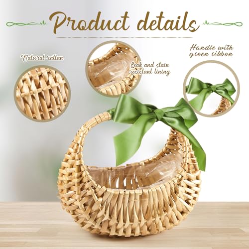 Taiyin Rattan Flower Girl Basket Small Half Moon Straw Wicker Basket with Handle Ideal for Wedding Flower Girl,Picnic,Garden Storage and Home Decor (Green Ribbon) - style: Green Ribbon