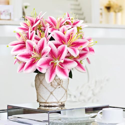 4 Bundles Artificial Tiger Lily Silk Flowers Faux Fake Lilies Plants for Wedding Bouquet Home Party Indoor Table Hotel Office Vases Floral Arrangements Outdoor Garden Decor (Rose Red) - color: Rose Red