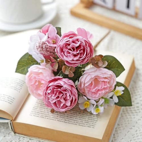 DEMIUKO 2PCS Peonies Artificial Flowers, Pink Faux Peony Bouquet Fake Silk Flower for Vase Faux Floral Arrangements Plastic Flowers for Farmhouse Home Kitchen Table Centerpiece Party Wedding Decor - color: Pink, size: 2PCS