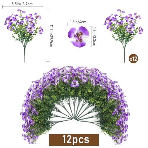Artificial Pansies Flowers for Outdoor Faux Flower Spring Summer Decor, 12 Bundles Realistic Fake Silk Flowers Outside UV Resistant for Porch Patio Garden Home Yard Window Box Planters Purple - color: Purple White