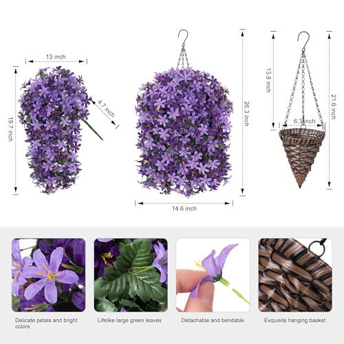 Hoppwodd Artificial Flower for Outdoors 4pcs Fake Lily Hanging Flower Baskets for Outside UV Resistant Silk Faux Long Trailing Vines for Garden Porch Patio, Purple & Light Purple - color: Purple & Light Purple