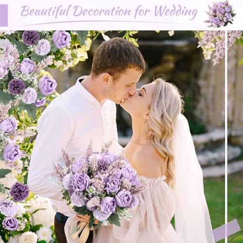 Zeyune 8 Pcs 13.4 Inch Artificial Flowers Bouquet Fake Silk Flowers Faux Bouquet Hydrangea Bouquets for Wedding Birthday Table Centerpieces Home Office Decoration (Rose,Purple) - color: Purple, size: Rose